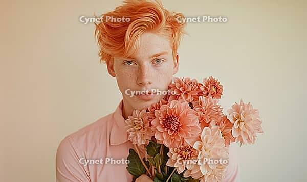 A portrait of a young man with coral-colored hair, holding a bouquet of coral dahlias at his side. AI generated [IBR125000264]