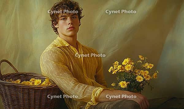 Full body portrait of a young man with golden brown hair, yellow daisies in a wicker basket. AI generated [IBR125000266]