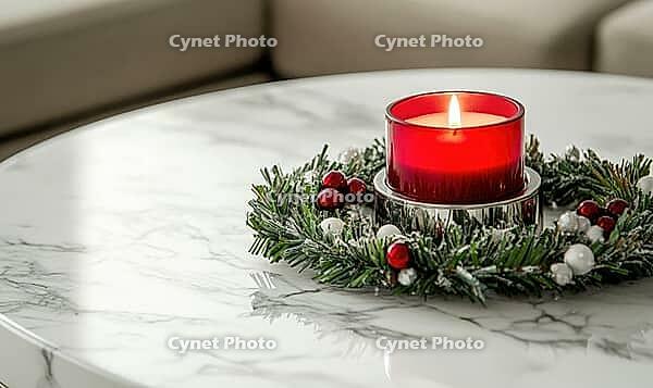 Modern white marble coffee table with a single silver candle holder, red candle lit. AI generated [IBR125000268]