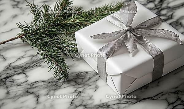 Neatly wrapped white gift with a silver ribbon, positioned on a marble table next to a sprig of fir. AI generated [IBR125000270]