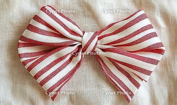 Simple red and white striped ribbon bow on a beige linen background. AI generated [IBR125000272]