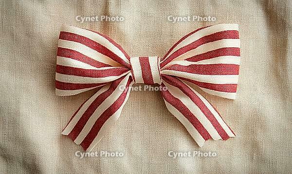 Simple red and white striped ribbon bow on a beige linen background. AI generated [IBR125000273]