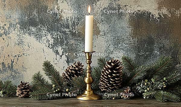 Simple tabletop setup with a brass candlestick and a single white candle, surrounded by small green pinecones. AI generated [IBR125000276]