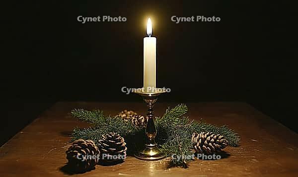 Simple tabletop setup with a brass candlestick and a single white candle, surrounded by small green pinecones. AI generated [IBR125000277]
