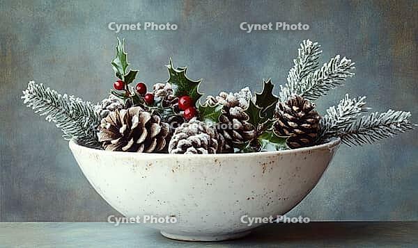 White ceramic bowl filled with snowy pinecones and a small sprig of holly, set against a muted blue-gray background. AI generated [IBR125000279]