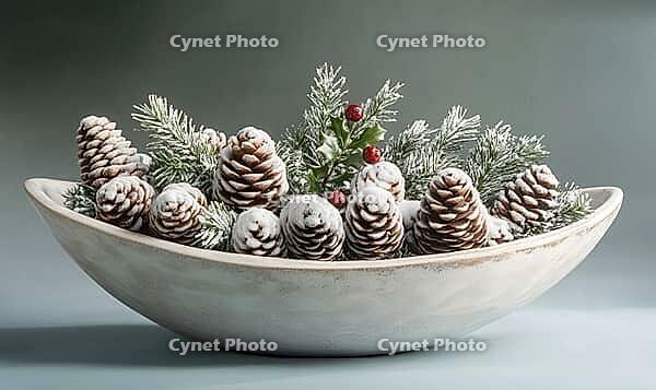 White ceramic bowl filled with snowy pinecones and a small sprig of holly, set against a muted blue-gray background. AI generated [IBR125000280]
