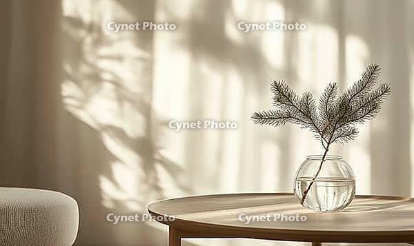 Scandinavian coffee table with a single fir branch in a transparent glass jar, light wood furniture. AI generated [IBR125000282]