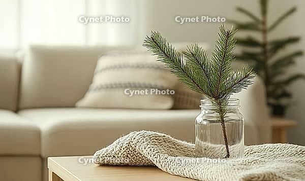 Scandinavian coffee table with a single fir branch in a transparent glass jar, light wood furniture. AI generated [IBR125000283]