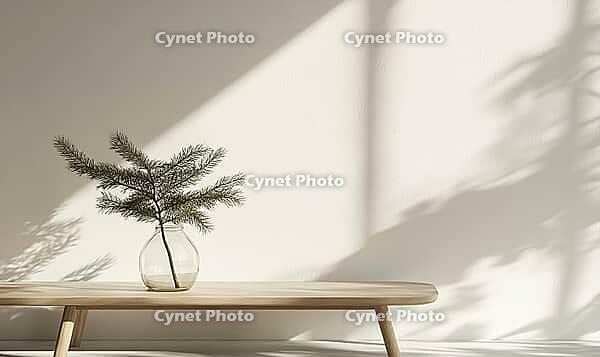 Scandinavian coffee table with a single fir branch in a transparent glass jar, light wood furniture. AI generated [IBR125000284]