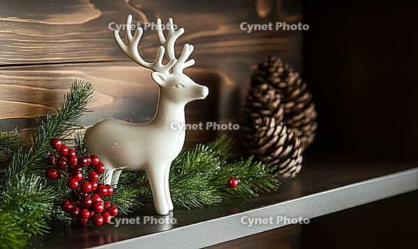 Rustic holiday scene with a white ceramic reindeer on a dark wooden shelf, surrounded by a few green sprigs and red berries. AI generated [IBR125000285]