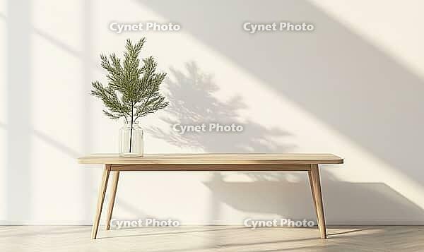 Scandinavian coffee table with a single fir branch in a transparent glass jar, light wood furniture. AI generated [IBR125000287]