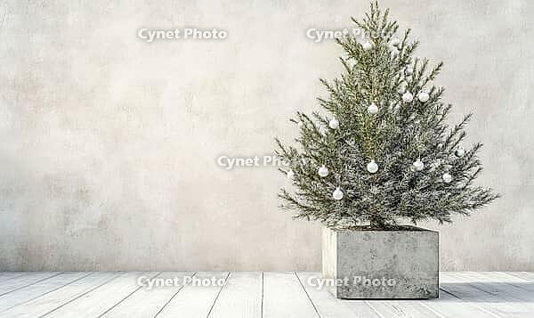 Small Christmas tree with only white and silver ornaments, sitting in a grey concrete planter on a white wooden floor. AI generated [IBR125000293]