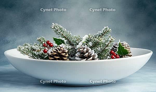 White ceramic bowl filled with snowy pinecones and a small sprig of holly, set against a muted blue-gray background. AI generated [IBR125000295]