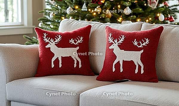 Simple living room with a beige couch decorated with two red pillows with white reindeer embroidery. AI generated [IBR125000296]