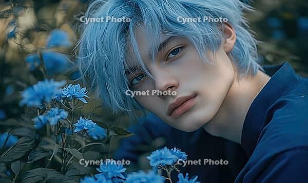 Closeup portrait of a young man with pale blue hair, holding blue flowers. AI generated [IBR125000298]