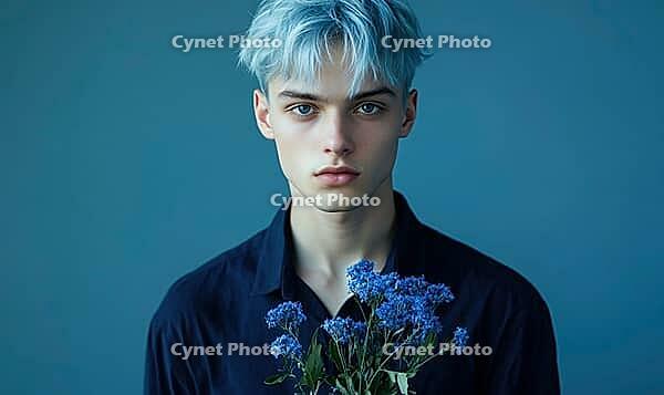 Closeup portrait of a young man with pale blue hair, holding blue flowers. AI generated [IBR125000299]