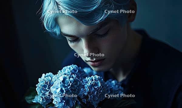Closeup portrait of a young man with pale blue hair, holding blue flowers. AI generated [IBR125000300]