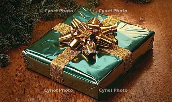 Close-up of a neatly wrapped gift with a golden bow on a wooden table. AI generated [IBR125000301]