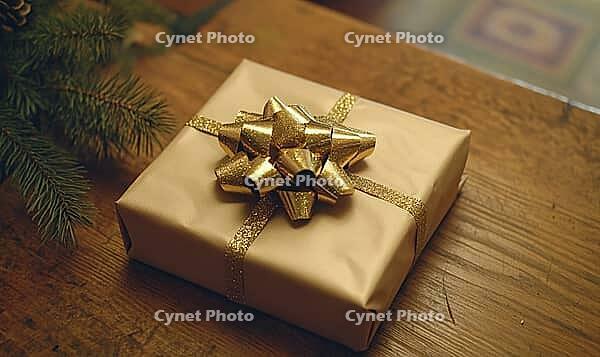 Close-up of a neatly wrapped gift with a golden bow on a wooden table. AI generated [IBR125000302]