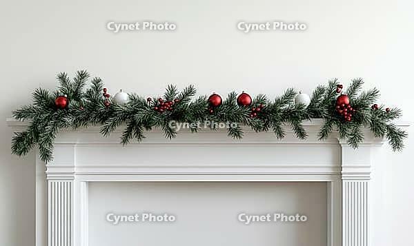 White mantle decorated with a simple pine garland and a few red baubles. AI generated [IBR125000303]