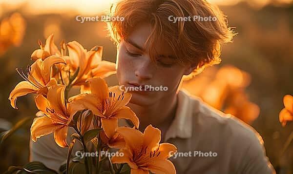 Closeup portrait of a man with orange-tinted hair, holding orange lilies. AI generated [IBR125000304]