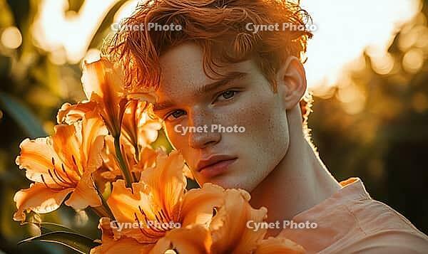 Closeup portrait of a man with orange-tinted hair, holding orange lilies. AI generated [IBR125000306]