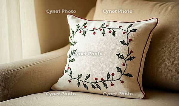 White linen pillow with red and green holly embroidery, set against a beige sofa in a minimalist living room. AI generated [IBR125000307]
