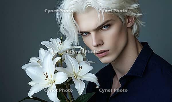 Closeup portrait of a man with pure white hair, holding pale white lilies. AI generated [IBR125000309]