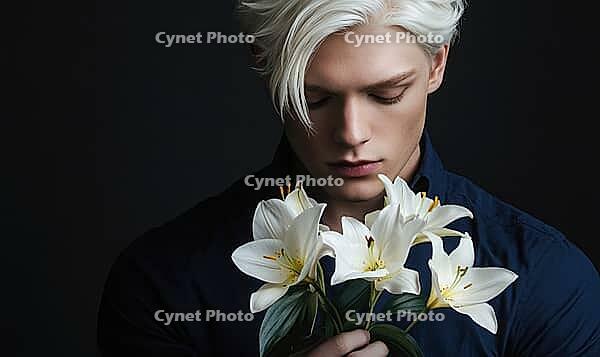 Closeup portrait of a man with pure white hair, holding pale white lilies. AI generated [IBR125000310]