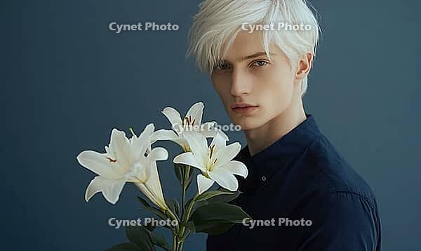 Closeup portrait of a man with pure white hair, holding pale white lilies. AI generated [IBR125000313]