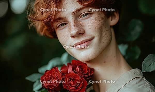 Closeup portrait of a man with crimson hair, holding red roses close to his chest. AI generated [IBR125000319]