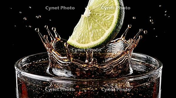 Extreme macro close-up of fresh lime wedge at precise millisecond of impact with dark cola rum cocktail surface inside clear highball glass with perfect crown splash forming thin translucent dark brown liquid columns around half-submerged lime trailing bu [IBR125000320]