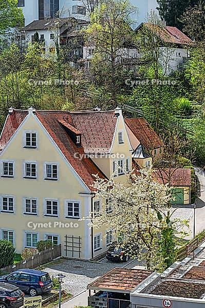 Pointed gable house in spring with blooming cherry tree, Kempten, Allgäu, Bavaria, Germany [IBR125002346]