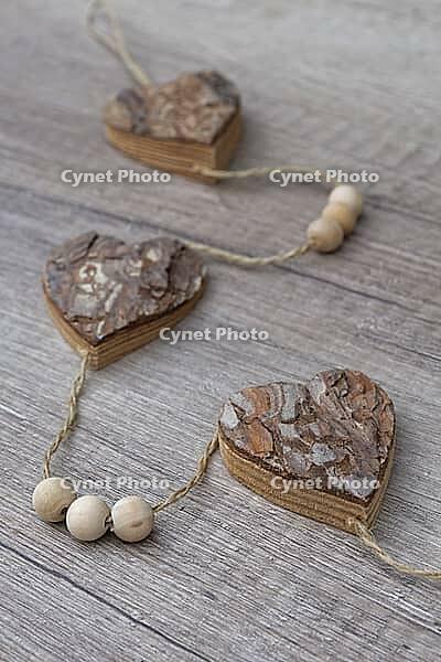 Wooden hearts, strung on a cord, Kempen, Viersen District, North Rhine-Westphalia, Germany [IBR125007585]
