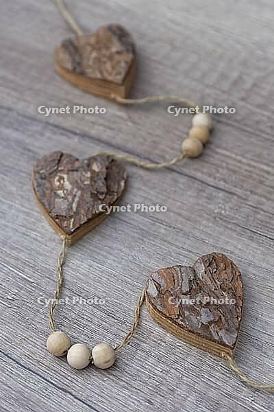 Wooden hearts, strung on a cord, Kempen, Viersen District, North Rhine-Westphalia, Germany [IBR125007586]