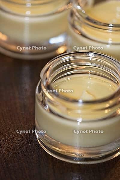 Homemade cream in small jars, Kempen, Viersen District, North Rhine-Westphalia, Germany [IBR125007654]