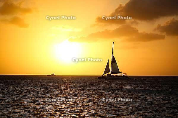 Sunset sailing scene over the ocean, featuring a catamaran and a smaller boat in the distance. Aruba vacation landscape [IBR125026132]
