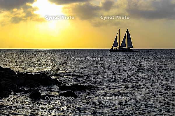 A single sailboat silhouetted against a golden sunset on a calm sea near rocky shores. Aruba, The Netherlands [IBR125026135]