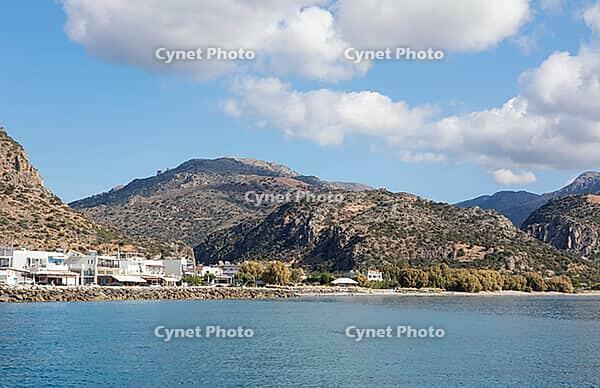 View of Paleochora on the Libyan Sea, the Leka Ori or White Mountains in the back, Kandanos-Selino municipality, Chania Regional Unit, Crete, Greece [IBR125026187]
