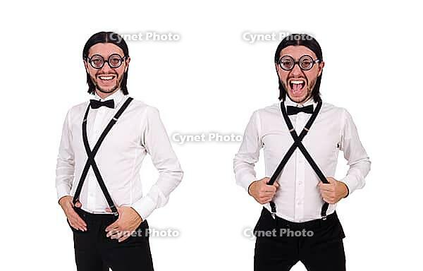 Man wearing suspenders isioated on white [IBR125053269]