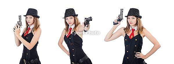 Woman gangster isolated on white [IBR125062203]