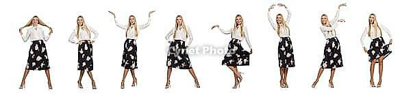 Pretty girl in black skirt with flowers isolated on white [IBR125075715]