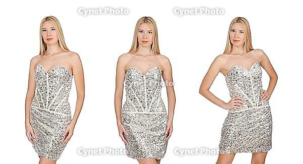 Young woman in silver dress isolated on white [IBR125075723]