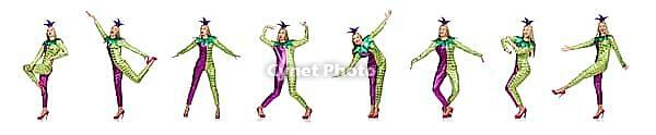 Woman wearing clown costume isolated on white [IBR125075725]