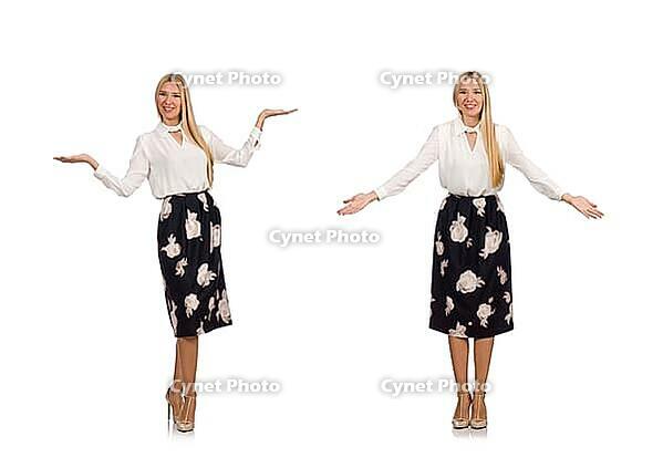 Pretty girl in black skirt with flowers isolated on white [IBR125075726]