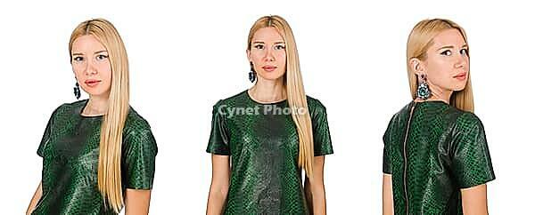 Young woman in green dress isolated on white [IBR125075729]