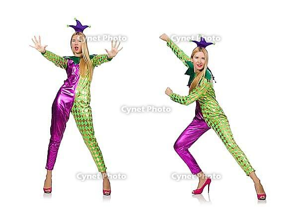 Woman wearing clown costume isolated on white [IBR125075730]