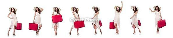 Woman traveller with suitcase isolated on white [IBR125094404]