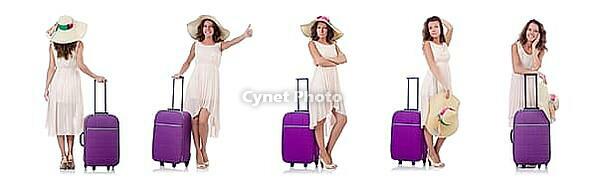 Woman traveller with suitcase isolated on white [IBR125094405]