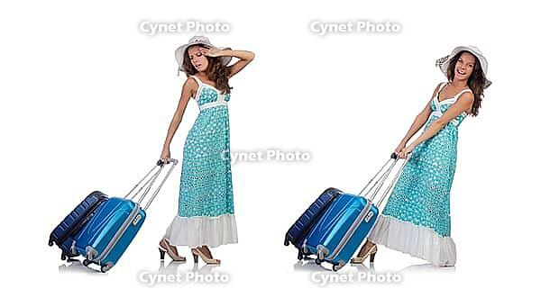 Woman traveller with suitcase isolated on white [IBR125094407]